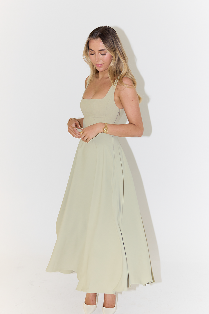 Midi Dress with Square Neckline and Sleeveless Design