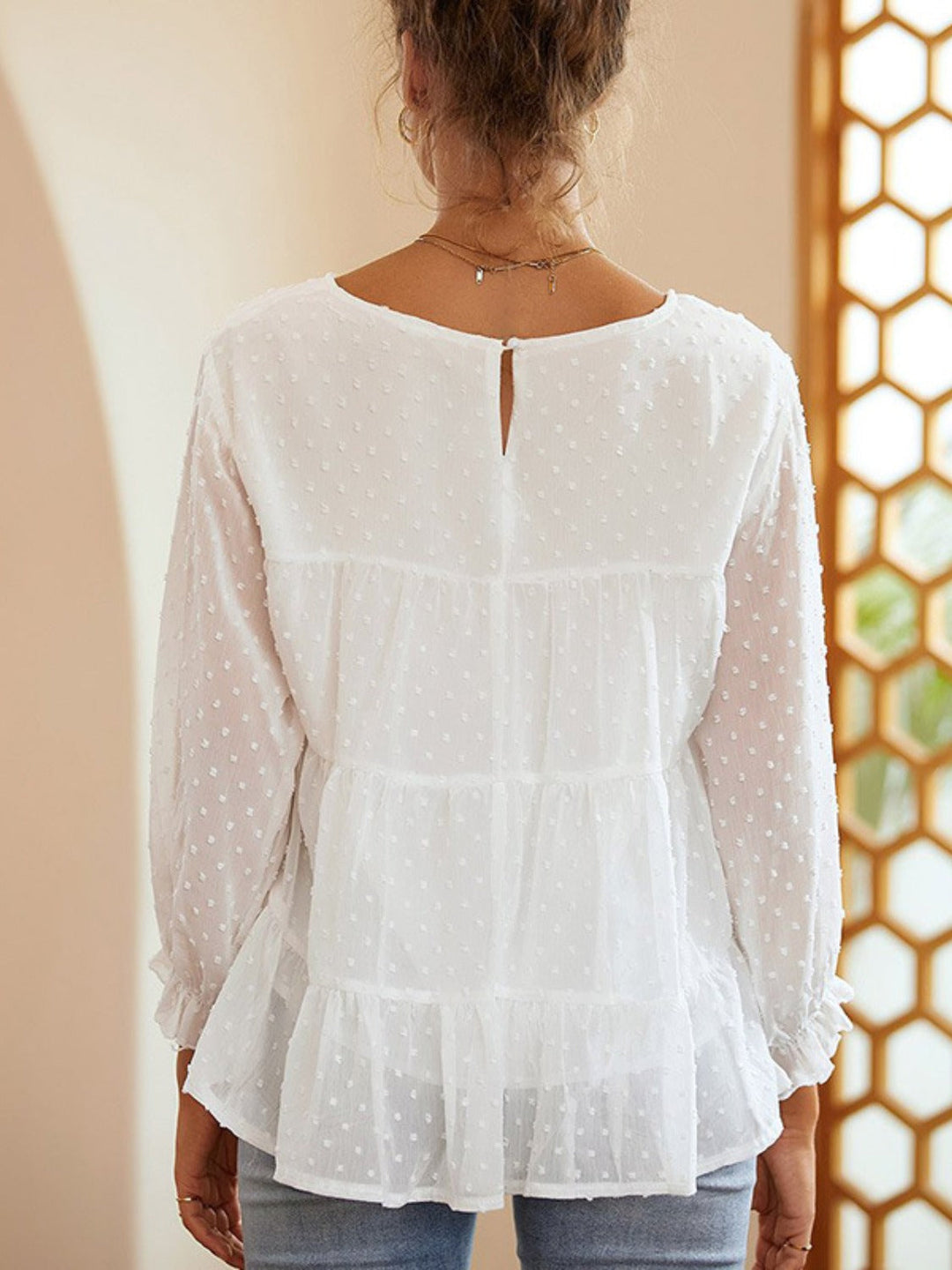 Swiss Dot Ruffled Round Neck Long Sleeve Blouse