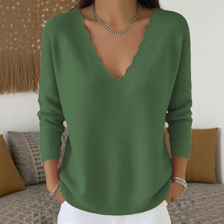 Scalloped V-Neck Knit Sweater