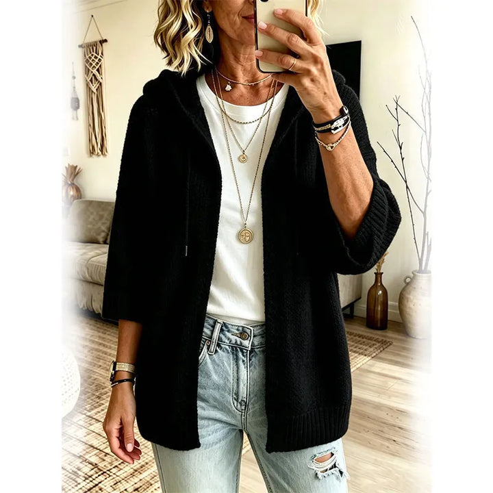Hooded 3/4 Sleeve Knit Cardigan