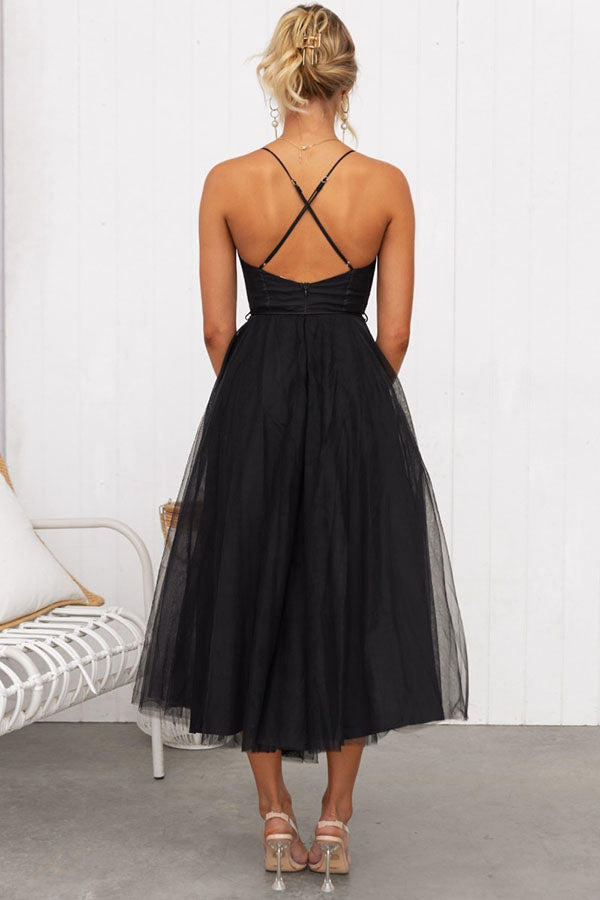 Summer Corset Midi Dress with Tulle Skirt & Spaghetti Straps