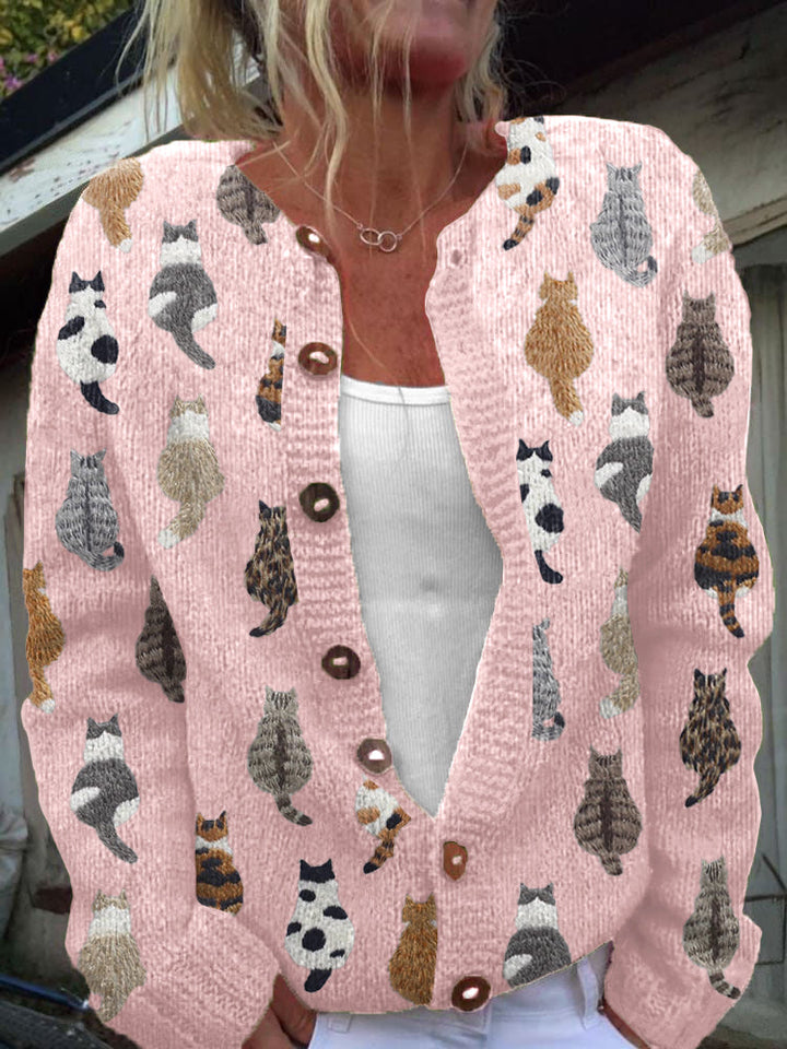 Cat Pattern Knit Button Cardigan