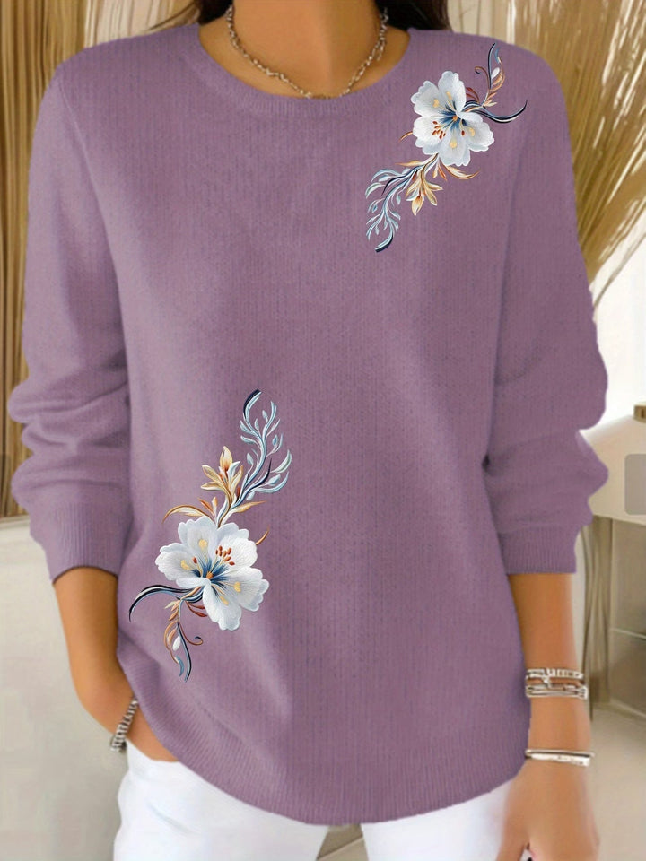 Floral Print Crew Neck Knit Sweater
