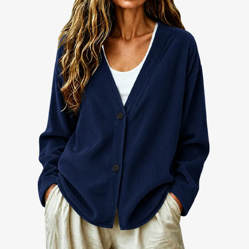 Ribbed V-Neck Button Cardigan