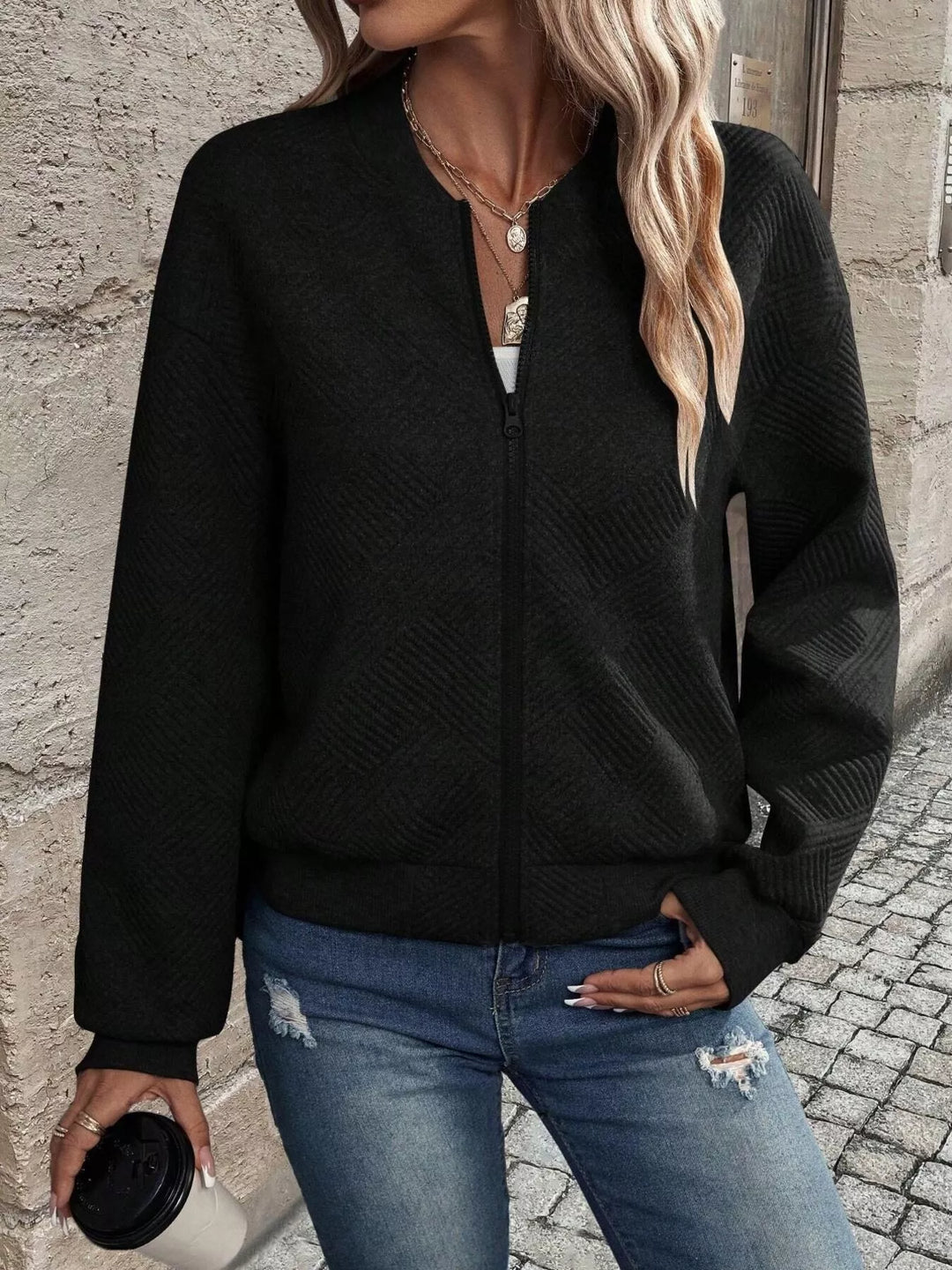 Textured Zip-Up Bomber Jacket
