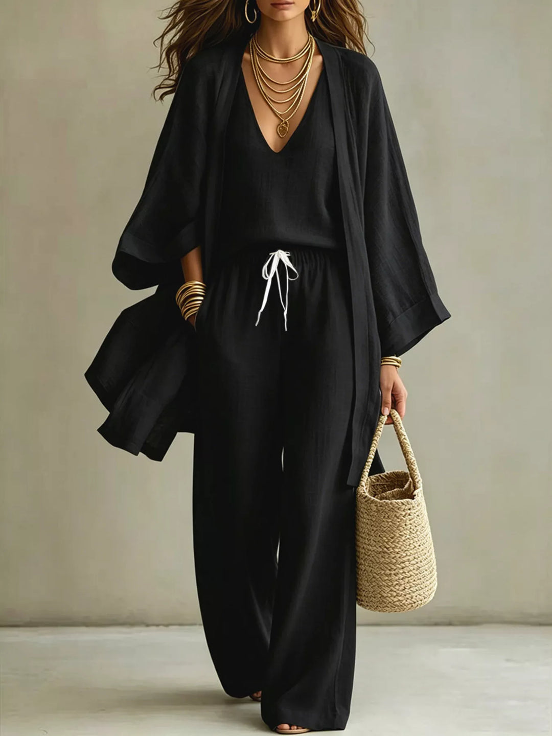 V-Neck Top, Cardigan & Pants Three-Piece Set