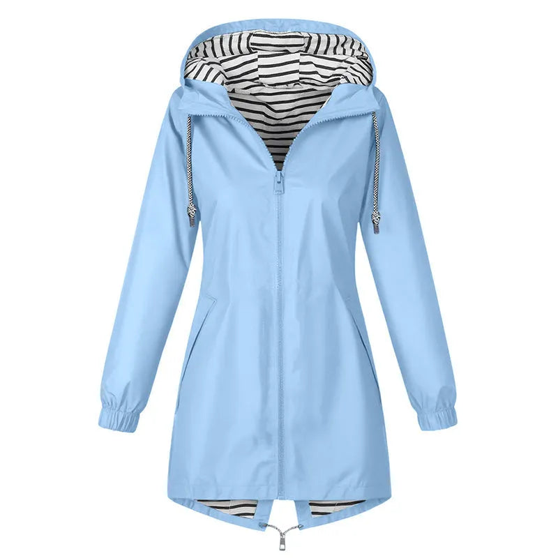 Long Hooded Raincoat with Striped Lining