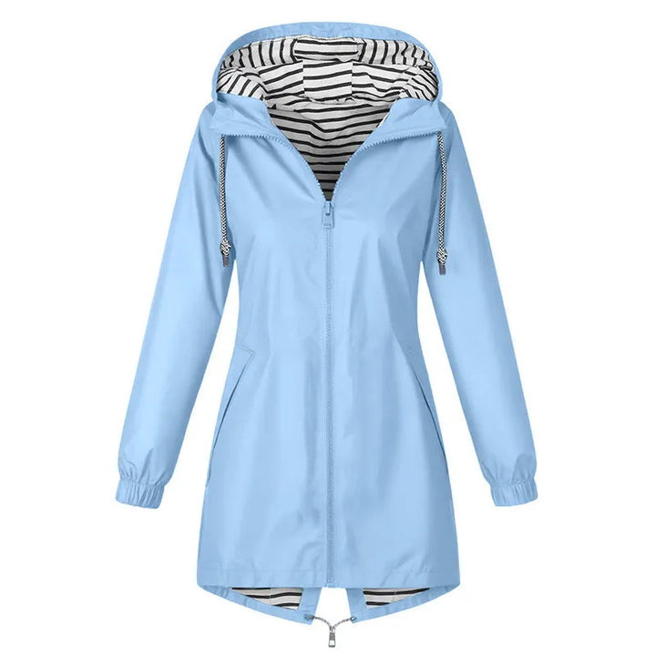 Long Hooded Raincoat with Striped Lining