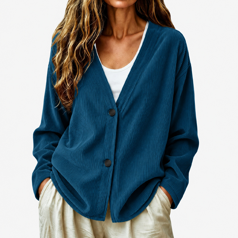 Ribbed V-Neck Button Cardigan