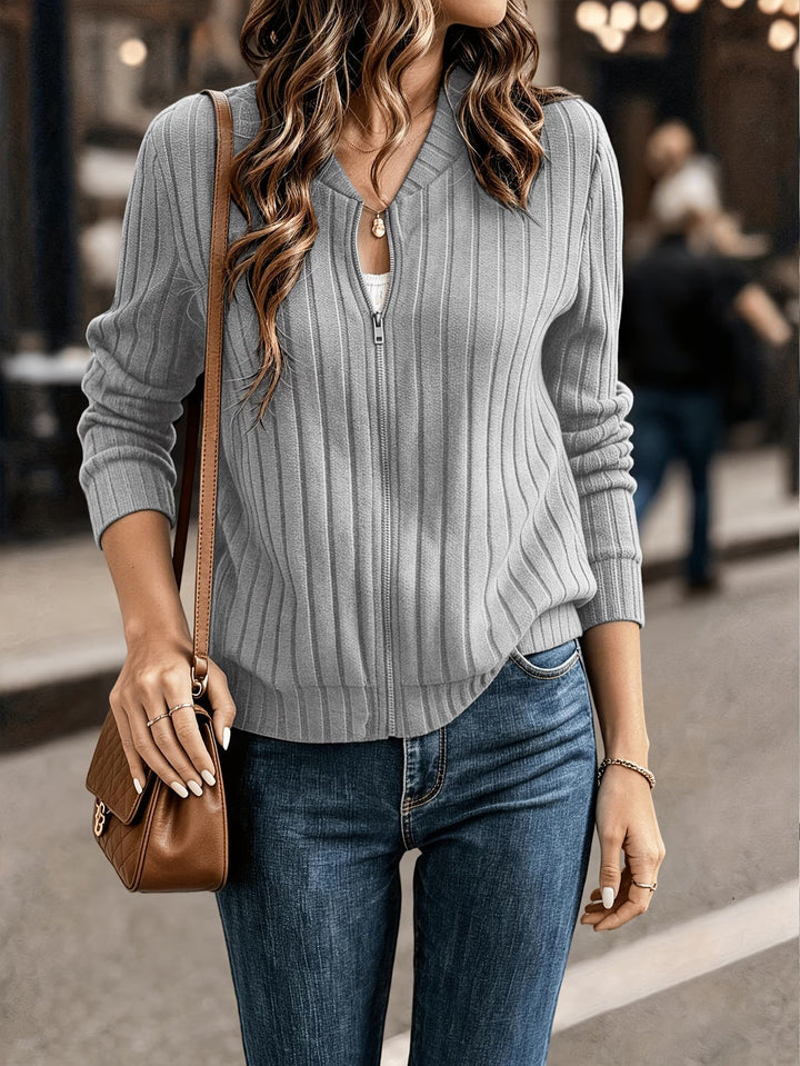Ribbed Zip-Up Knit Cardigan