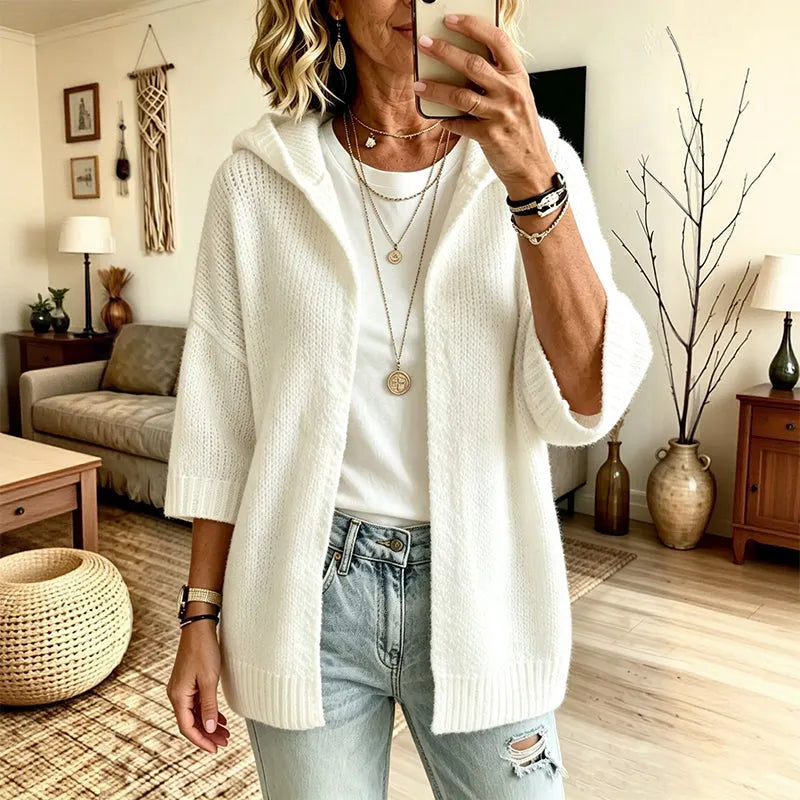 Hooded 3/4 Sleeve Knit Cardigan