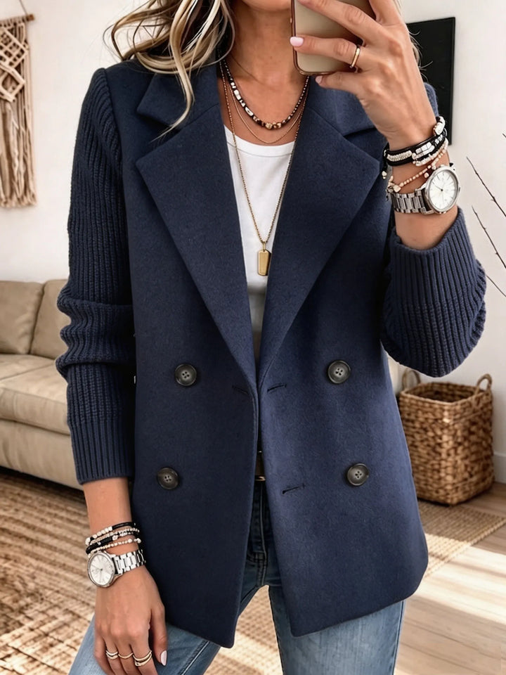Double-Breasted Jacket with Ribbed Knit Sleeves