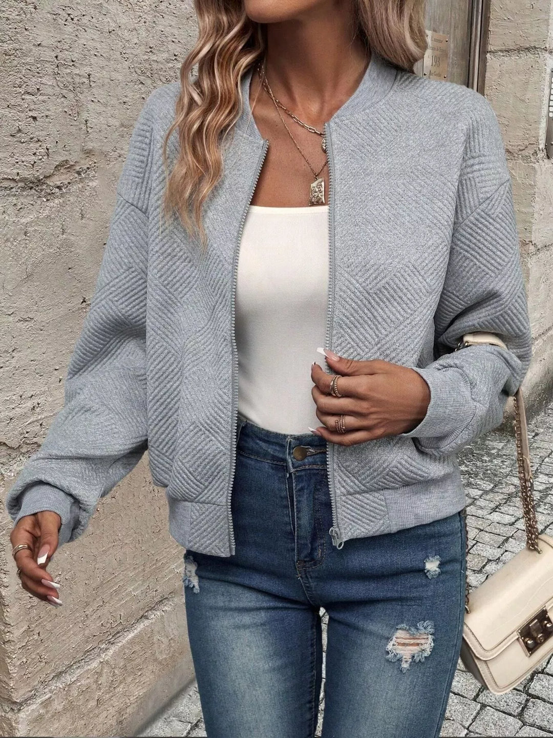 Textured Zip-Up Bomber Jacket