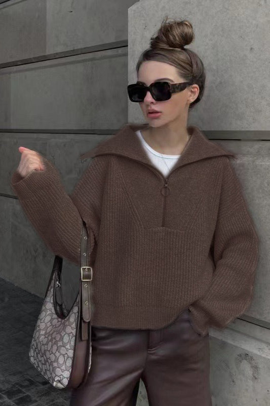 Vintage Notched V-Neck Knit Top for Women