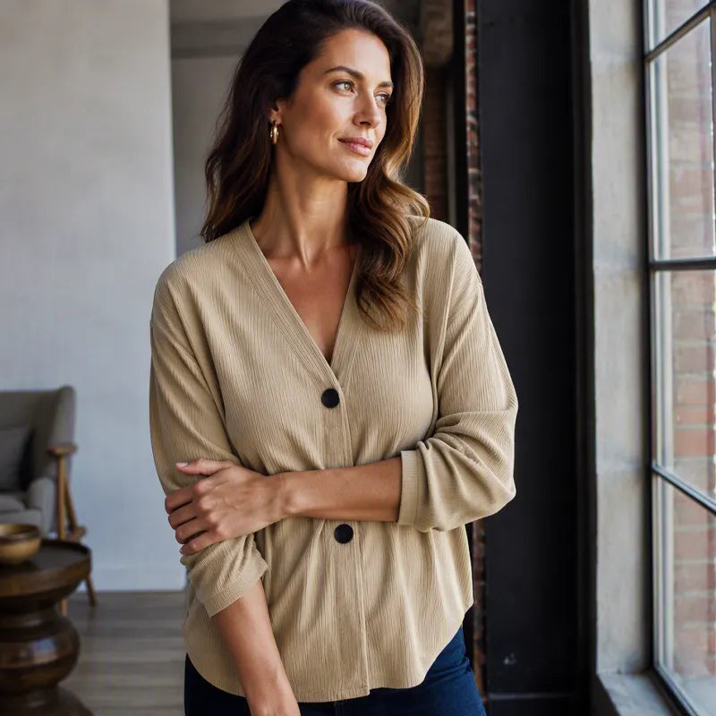 Ribbed V-Neck Button Cardigan