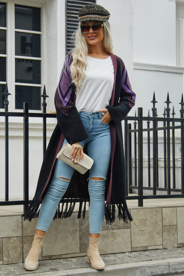 Fringe Hem Open Front Duster Cardigan