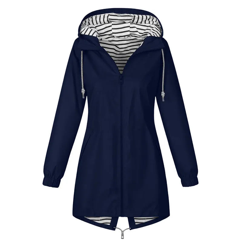Long Hooded Raincoat with Striped Lining