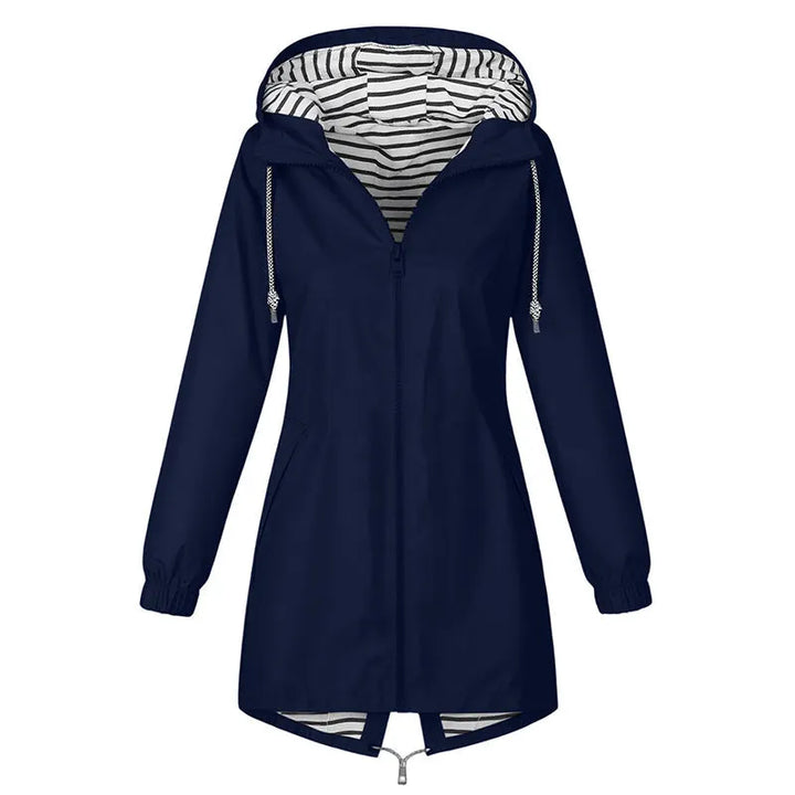 Long Hooded Raincoat with Striped Lining
