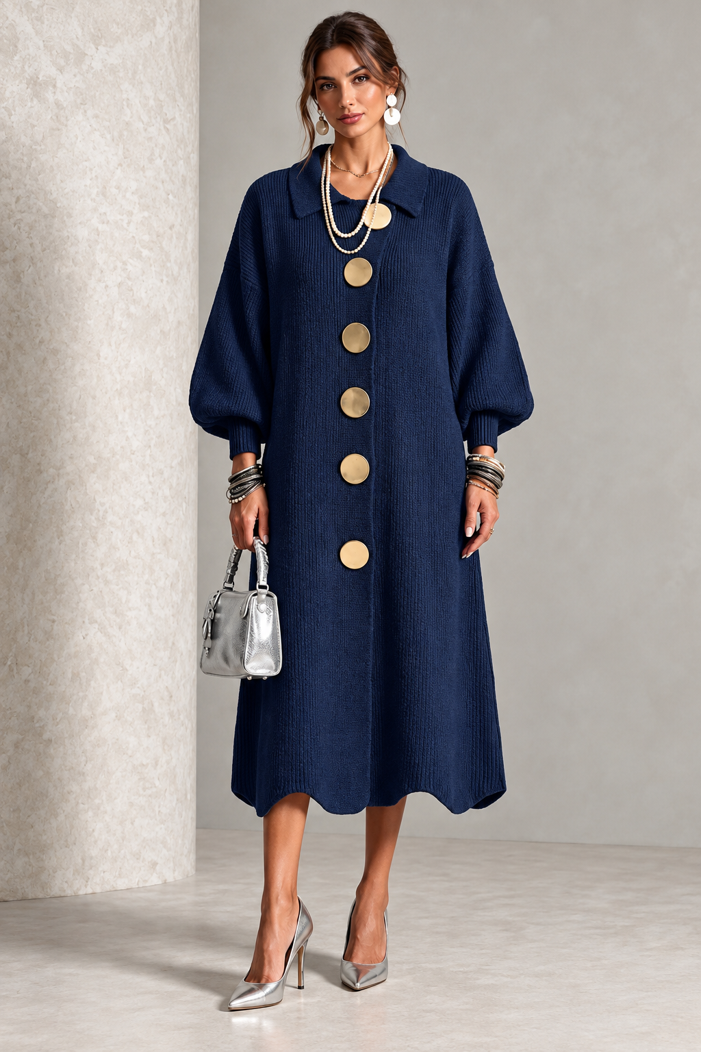 Gold Button Knit Midi Dress