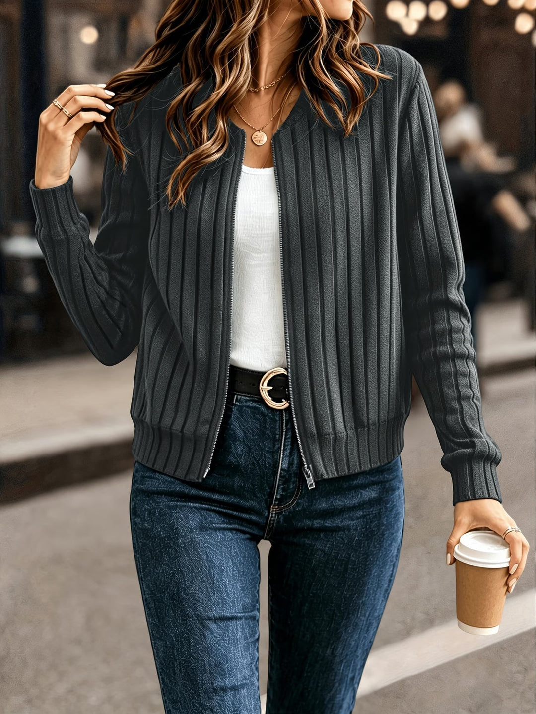 Ribbed Zip-Up Knit Cardigan