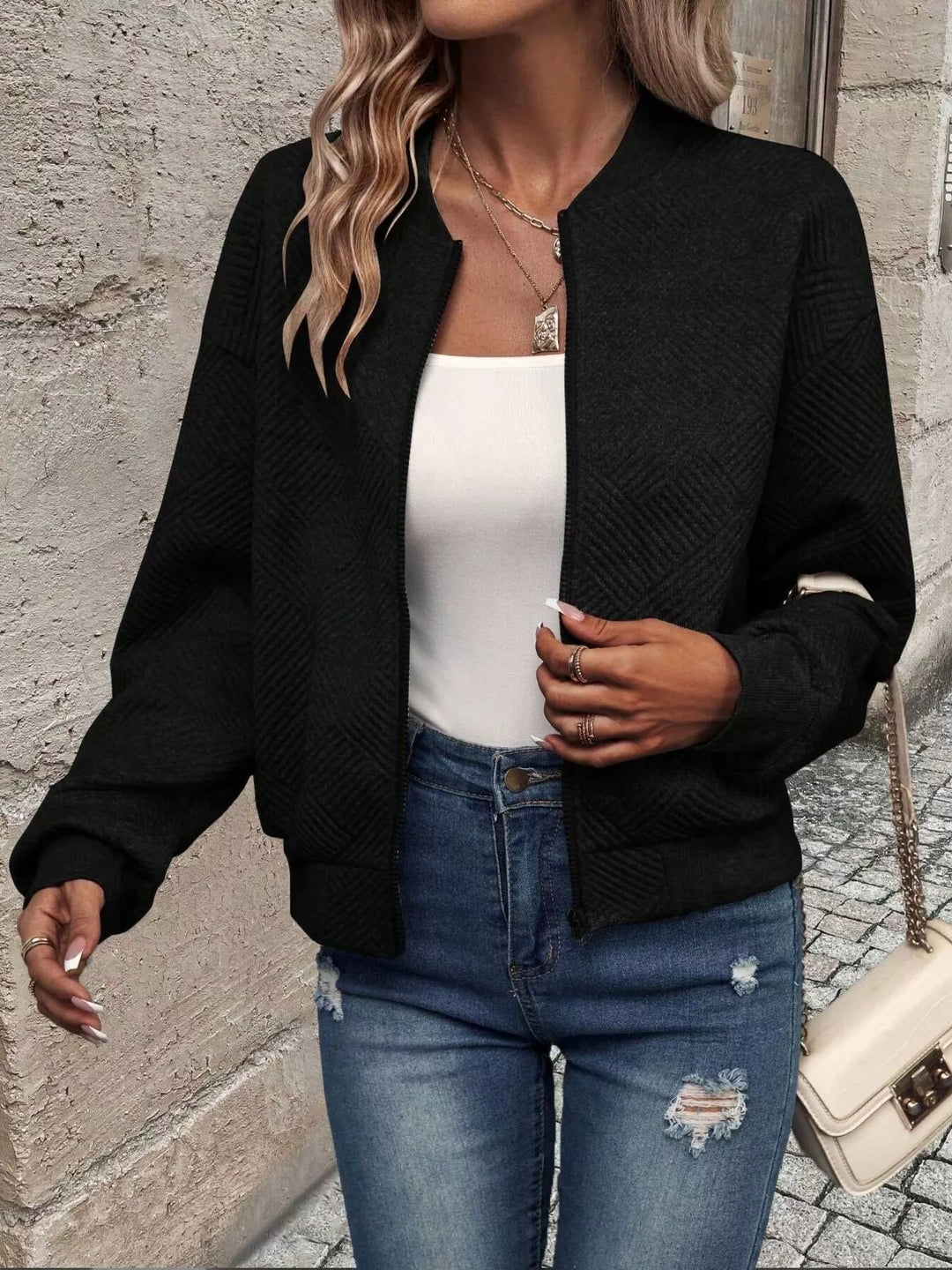 Textured Zip-Up Bomber Jacket