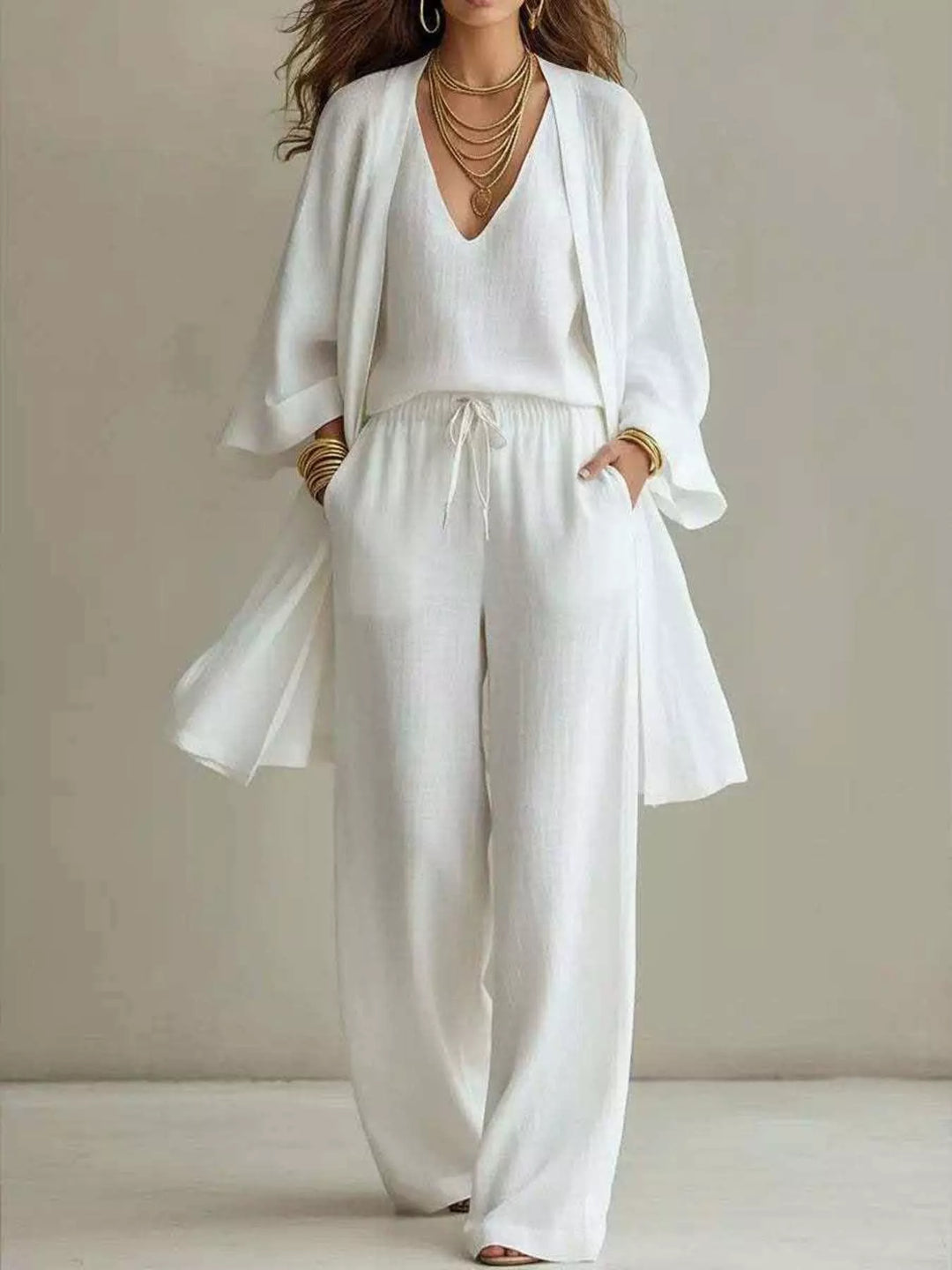 V-Neck Top, Cardigan & Pants Three-Piece Set