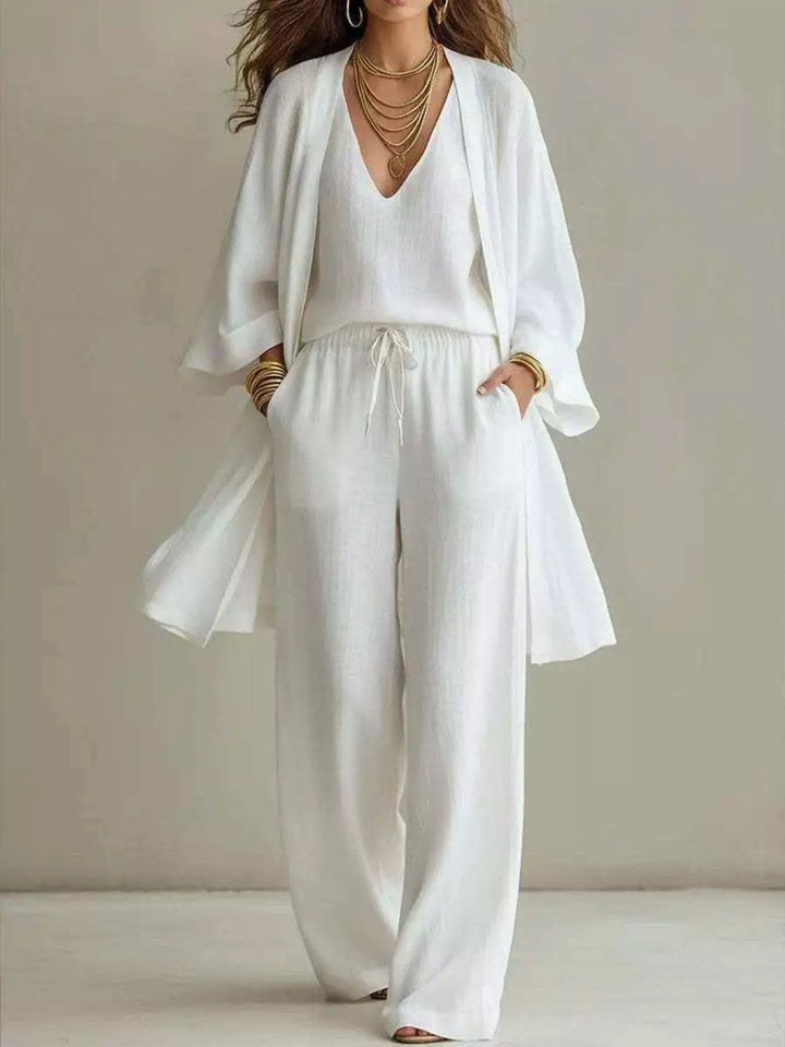 V-Neck Top, Cardigan & Pants Three-Piece Set