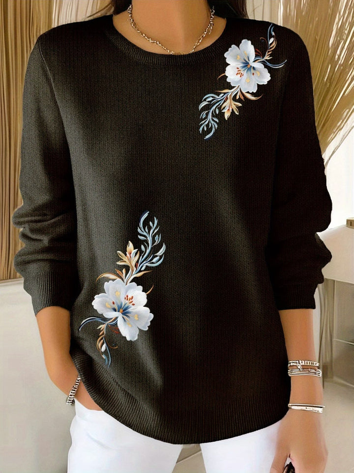 Floral Print Crew Neck Knit Sweater