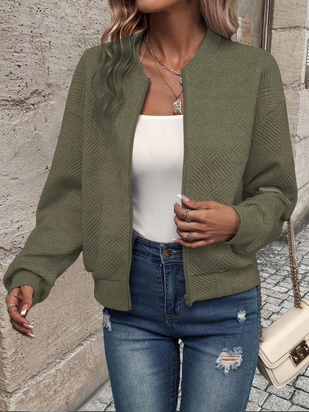 Textured Zip-Up Bomber Jacket