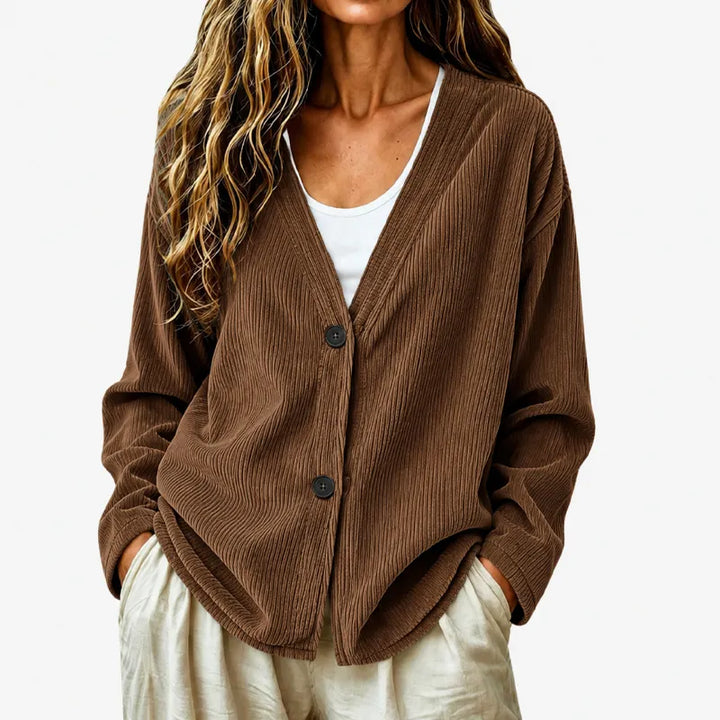 Ribbed V-Neck Button Cardigan