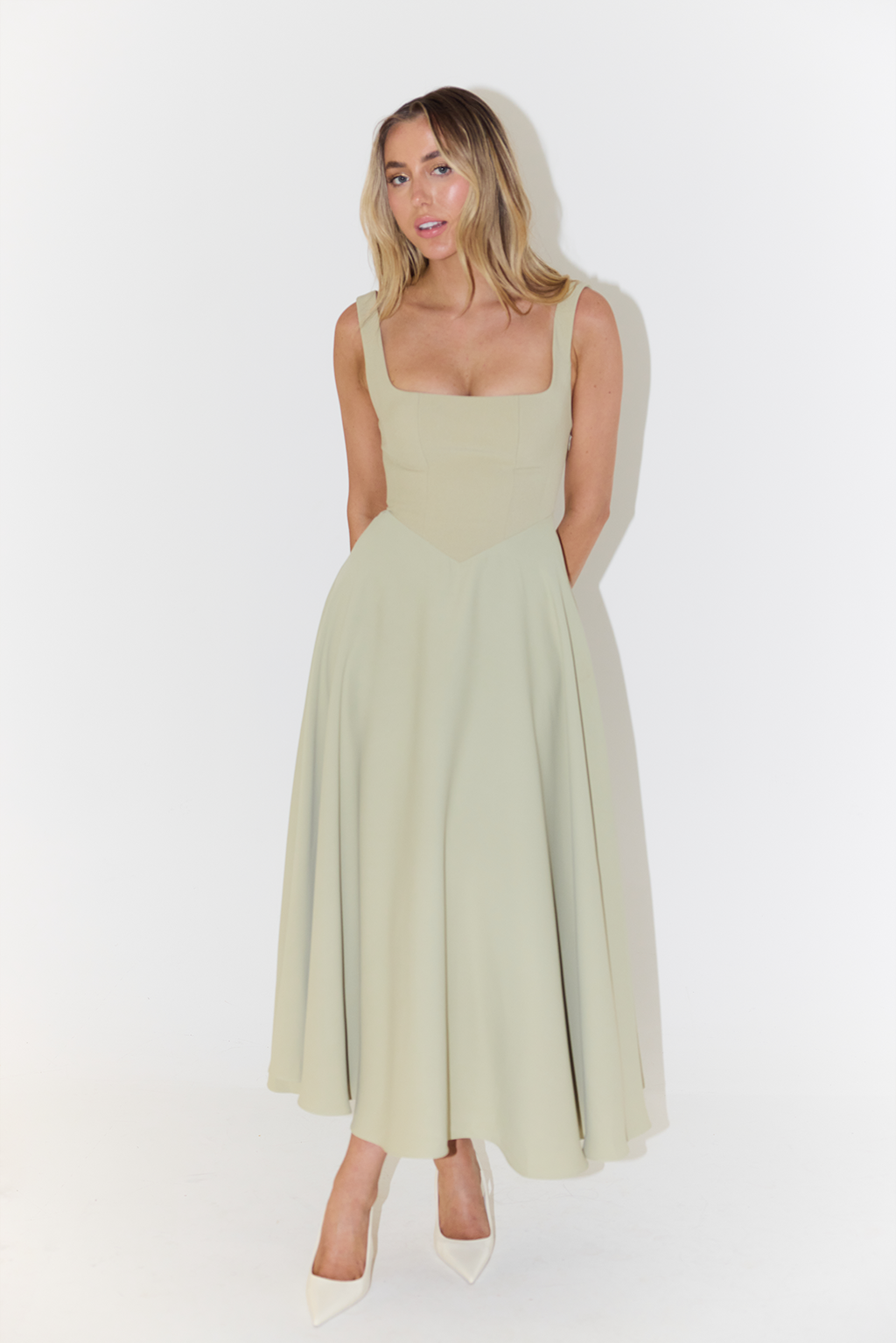 Midi Dress with Square Neckline and Sleeveless Design