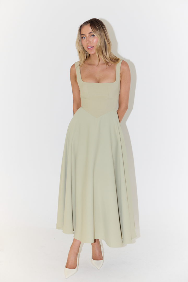 Midi Dress with Square Neckline and Sleeveless Design