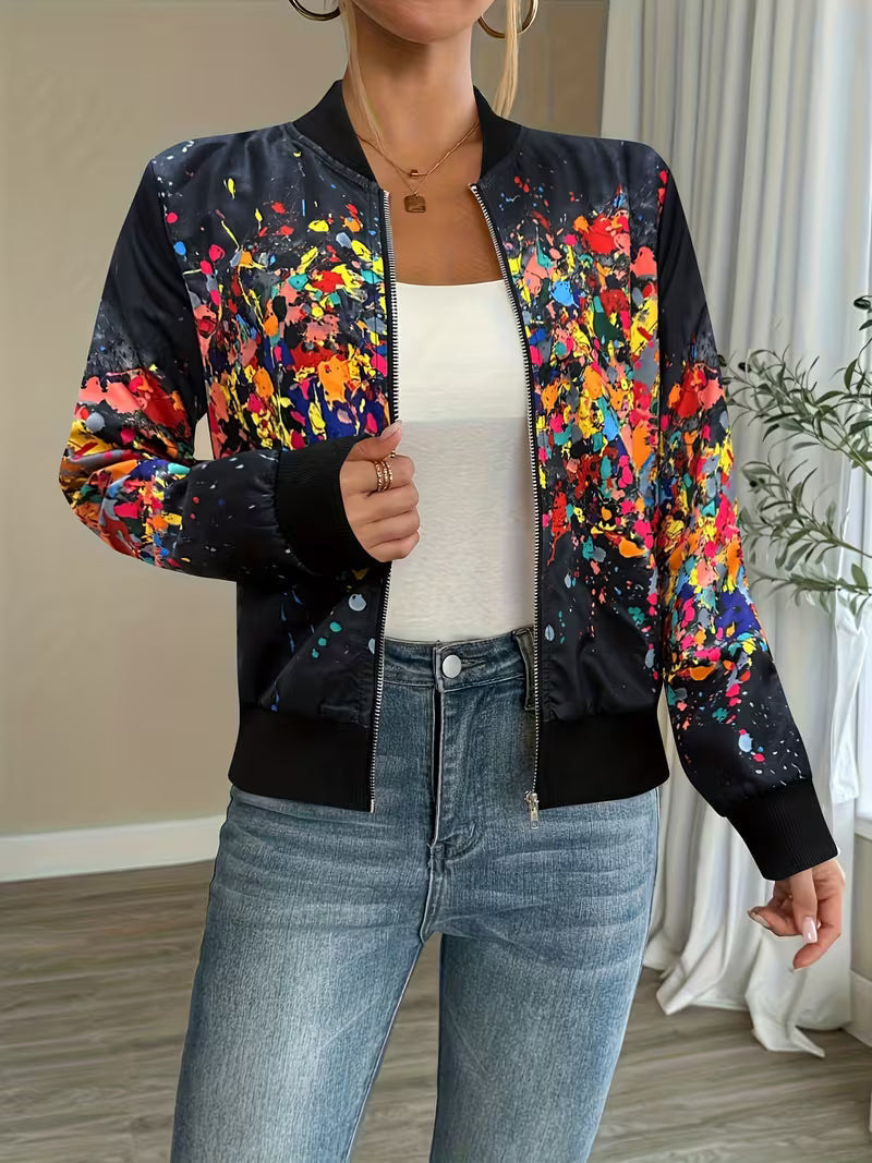 Abstract Print Zip-Up Bomber Jacket
