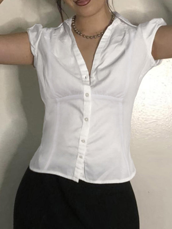 Vintage Slim Waist V-Neck Short Sleeve Shirt
