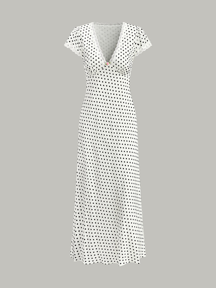 Polka Dot Lace-Trim V-Neck Maxi Dress