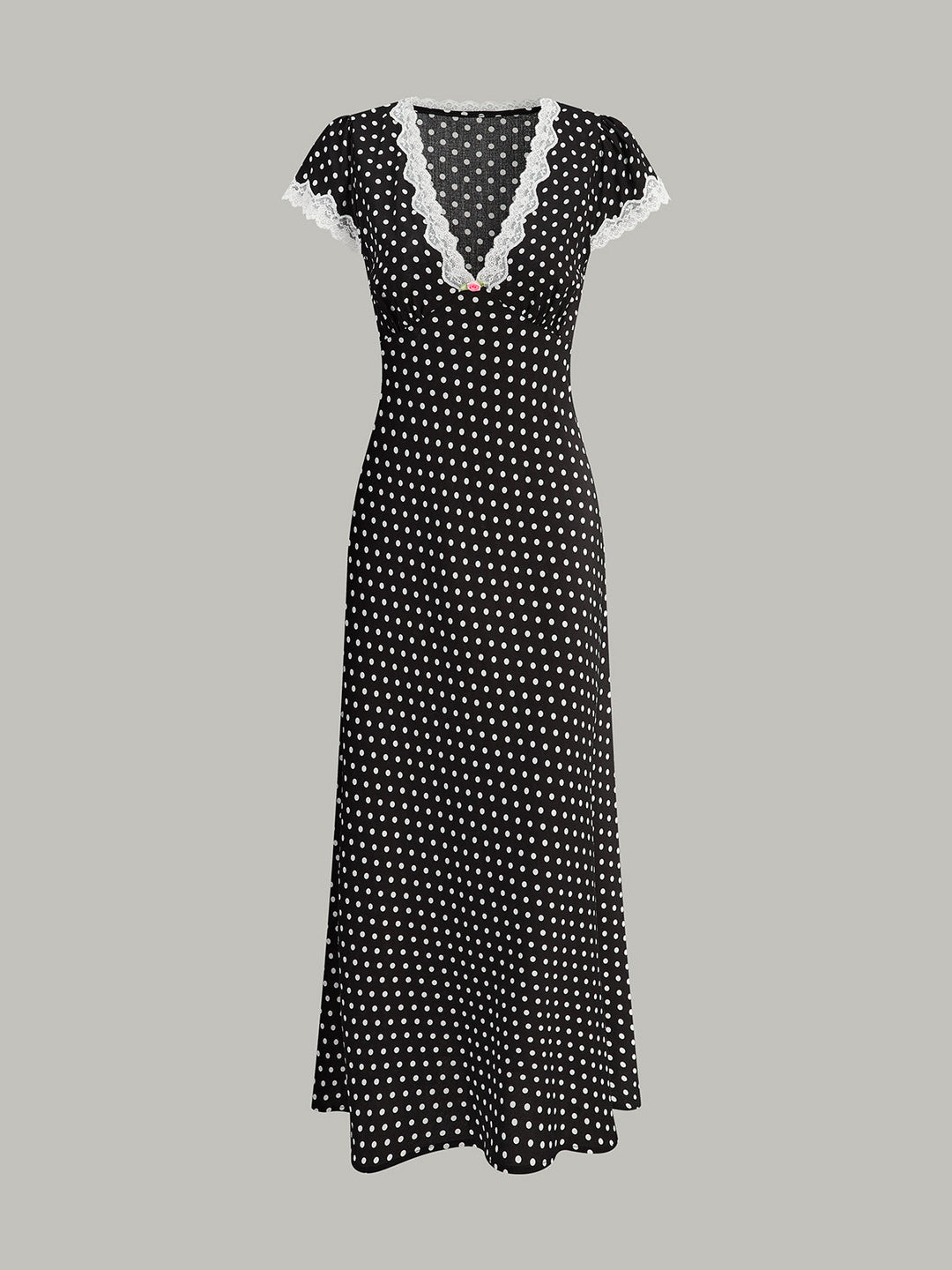 Polka Dot Lace-Trim V-Neck Maxi Dress