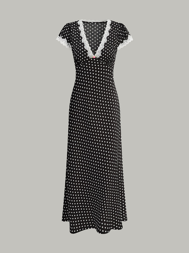 Polka Dot Lace-Trim V-Neck Maxi Dress
