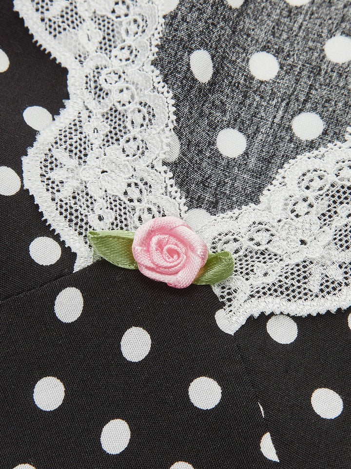 Polka Dot Lace-Trim V-Neck Maxi Dress