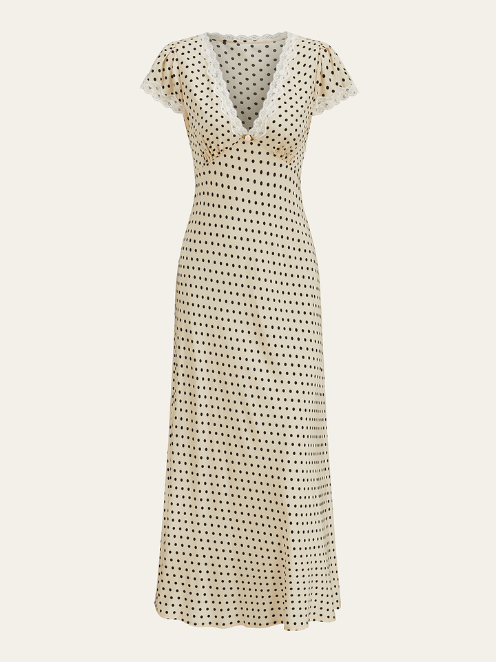 Polka Dot Lace-Trim V-Neck Maxi Dress