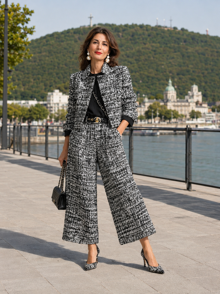 Tweed Cropped Jacket & Wide-Leg Pants Set