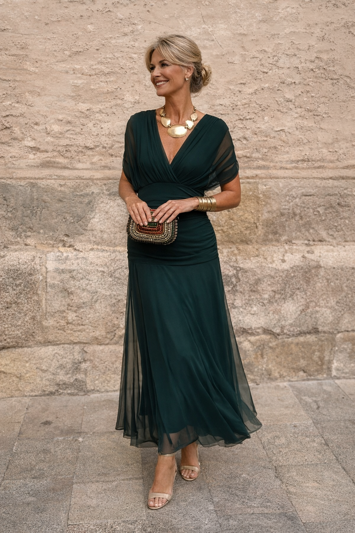 Chiffon Maxi Dress with V-Neck and Ruched Waist