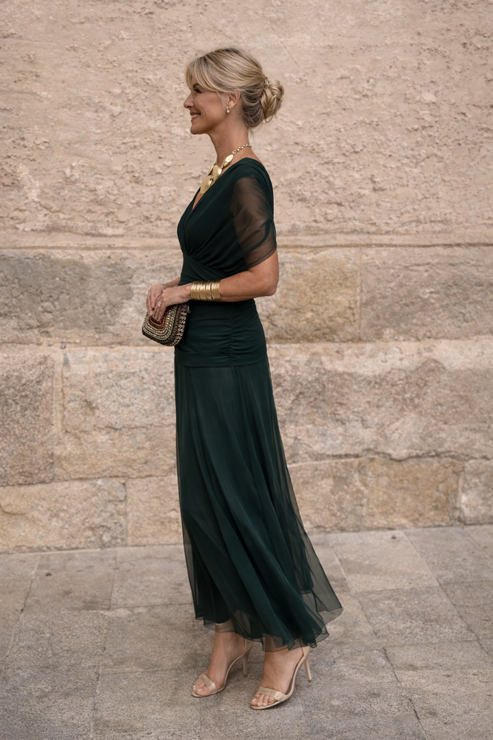 Chiffon Maxi Dress with V-Neck and Ruched Waist