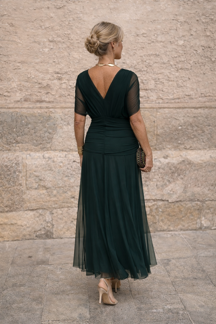 Chiffon Maxi Dress with V-Neck and Ruched Waist