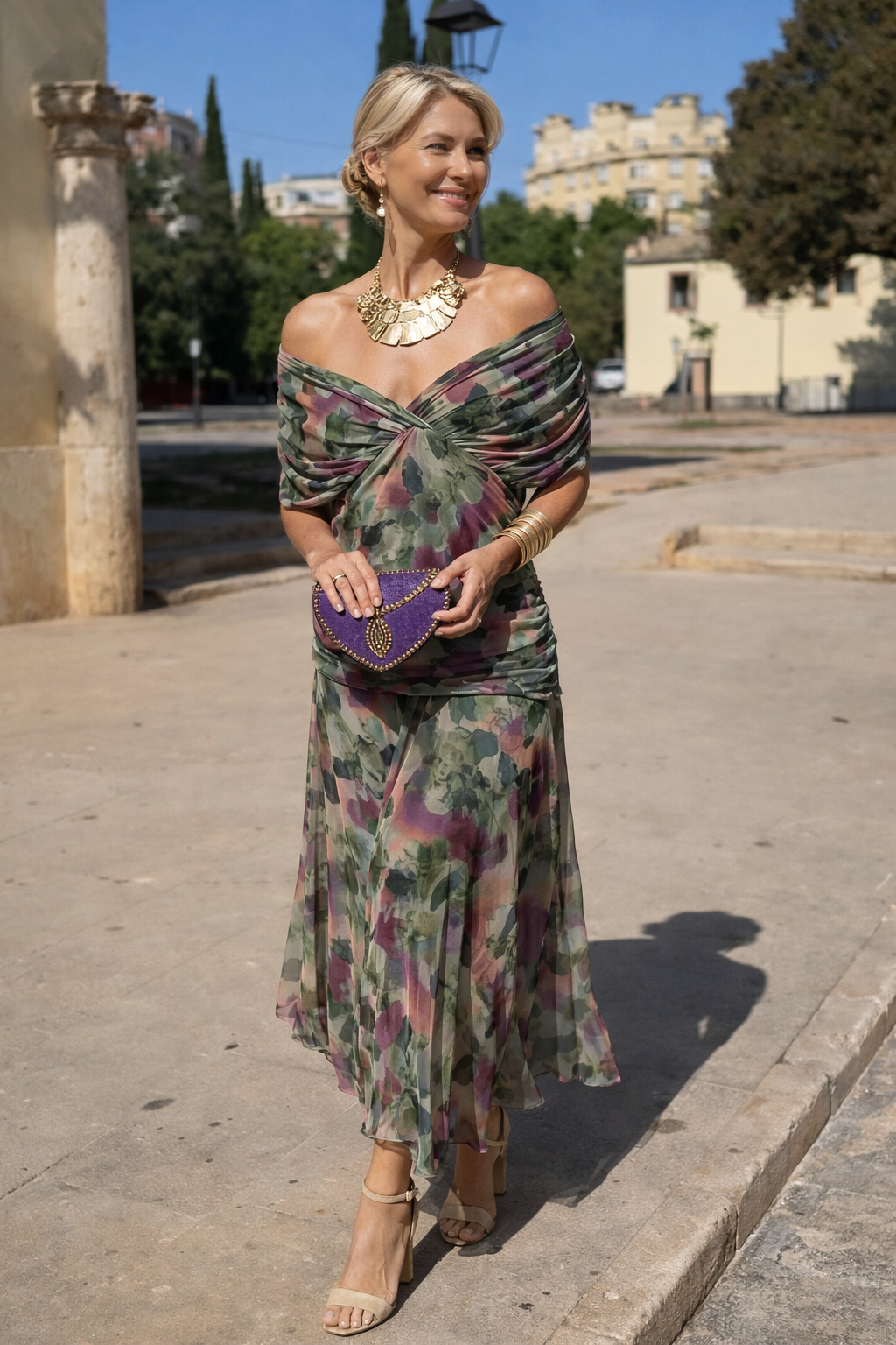 Chiffon Maxi Dress with V-Neck and Ruched Waist