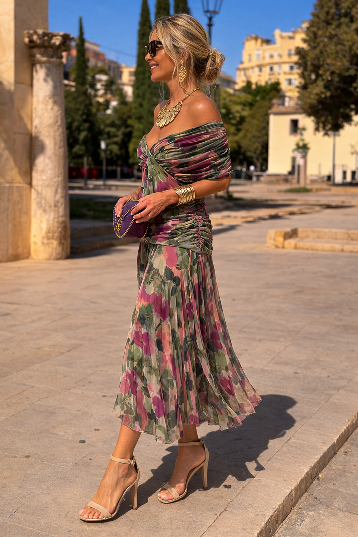 Chiffon Maxi Dress with V-Neck and Ruched Waist