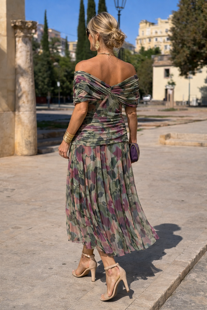 Chiffon Maxi Dress with V-Neck and Ruched Waist