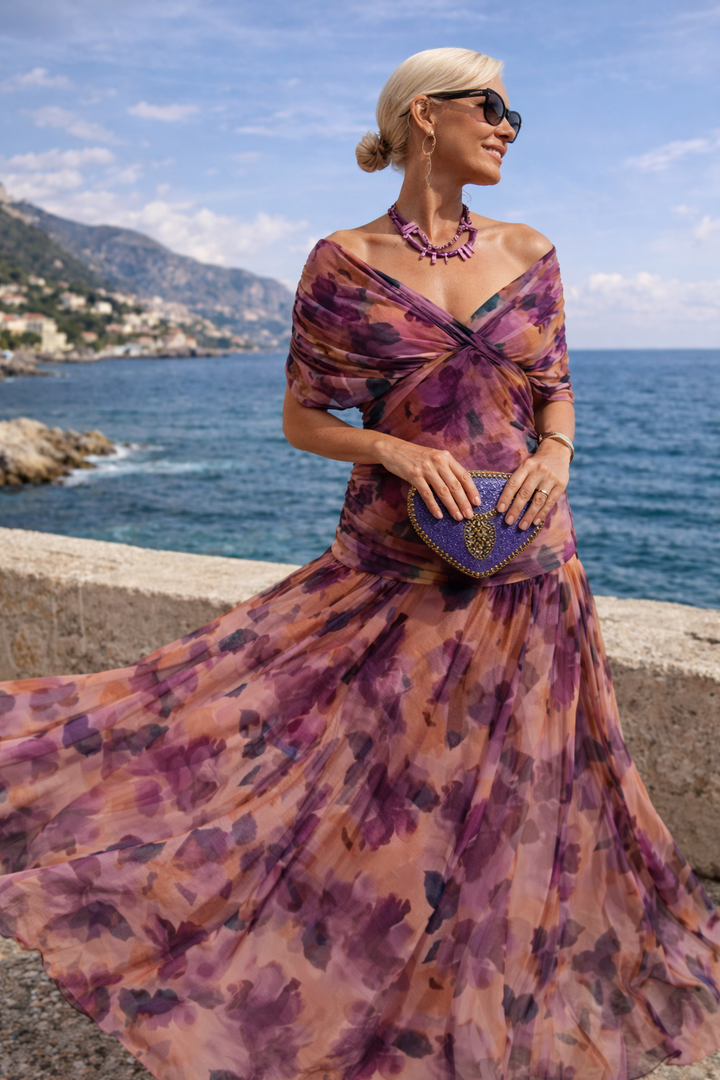 Chiffon Maxi Dress with V-Neck and Ruched Waist
