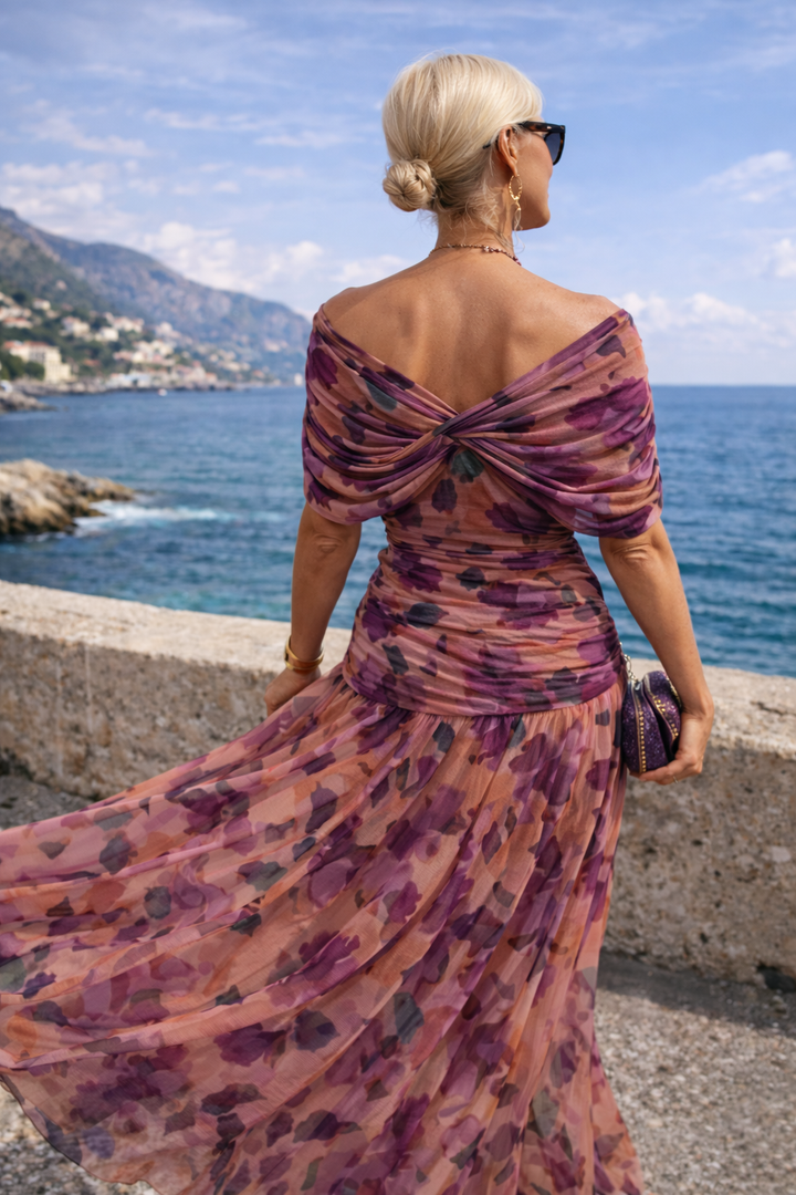Chiffon Maxi Dress with V-Neck and Ruched Waist