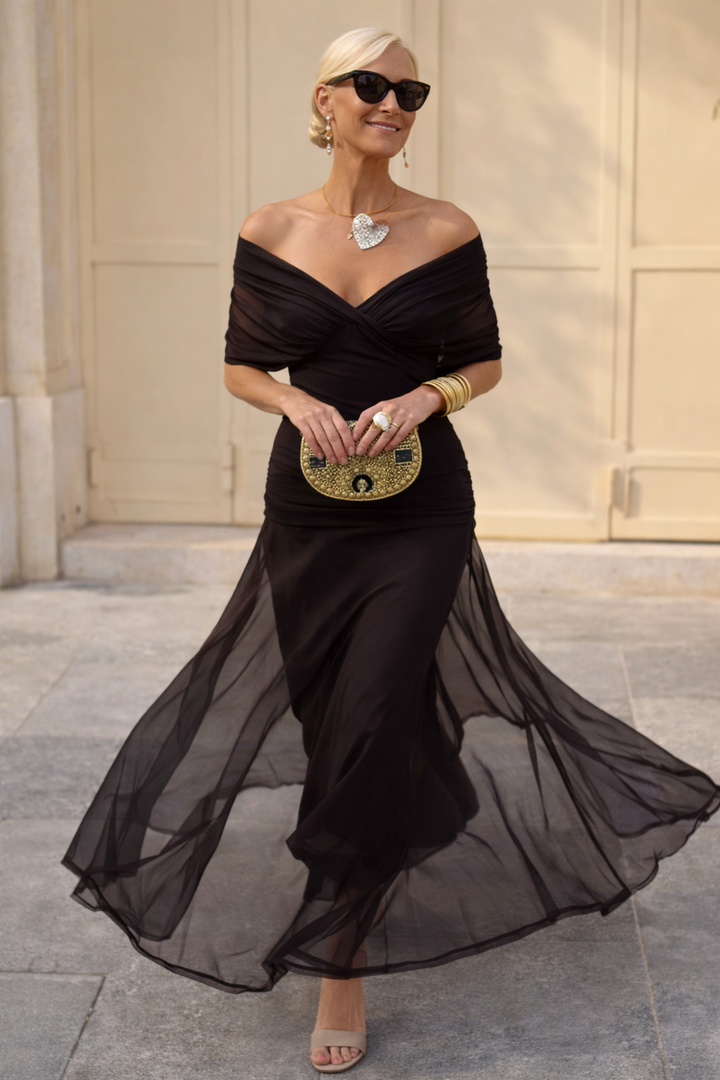 Chiffon Maxi Dress with V-Neck and Ruched Waist