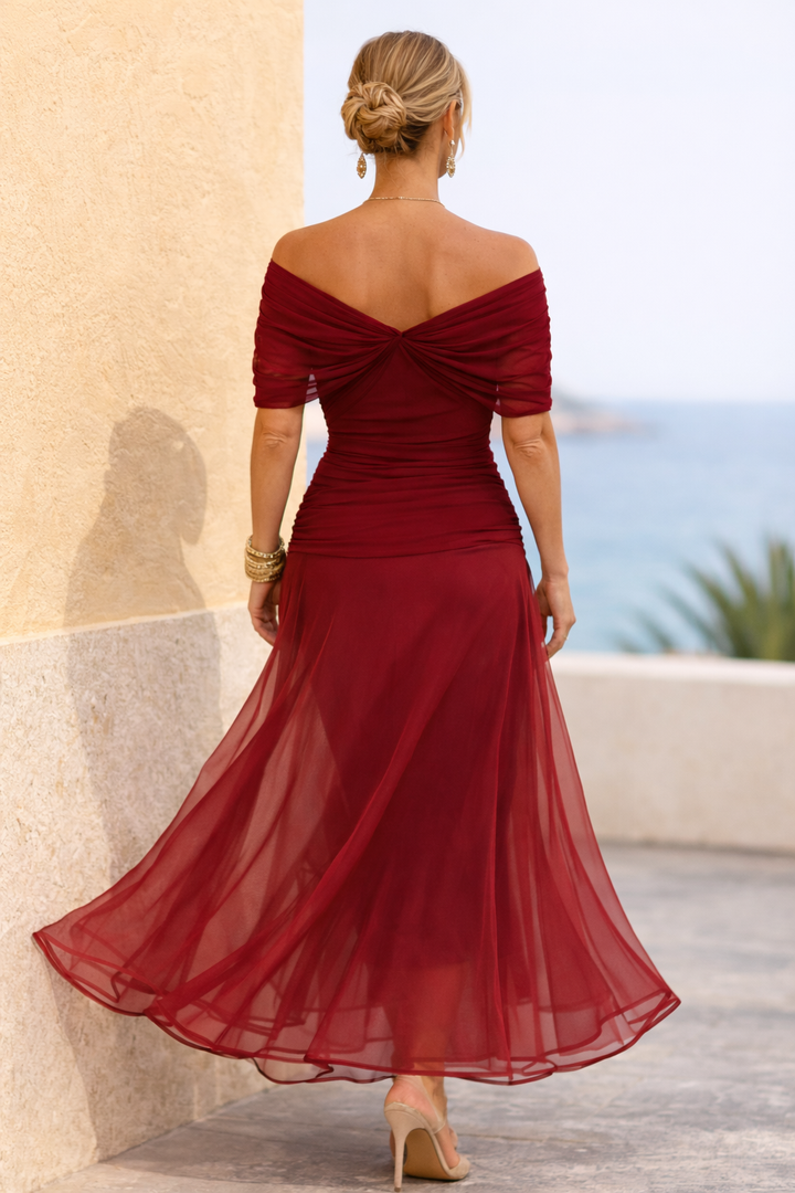 Chiffon Maxi Dress with V-Neck and Ruched Waist